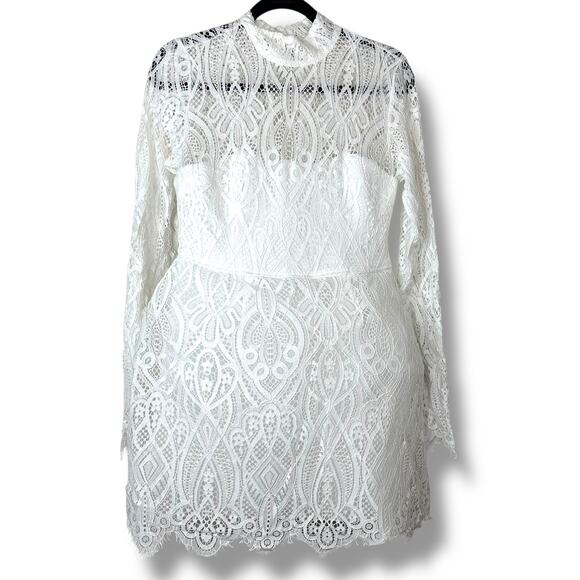 Lulus NWT Gorgeous Attraction White Sheer Lace Structured Long Sleeve Mini Dress - Picture 3 of 11